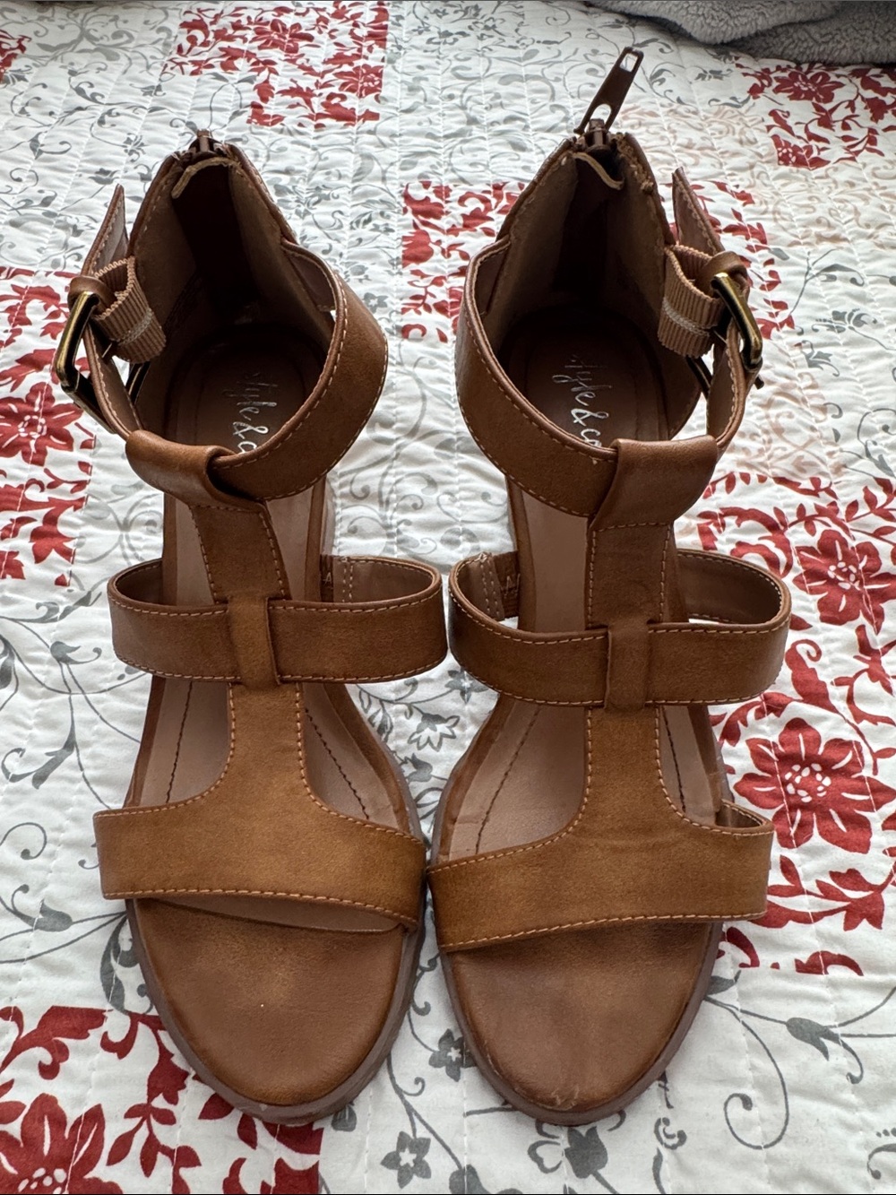 Style & Co. Tan Strappy Wedge Sandals with Ankle Buckle